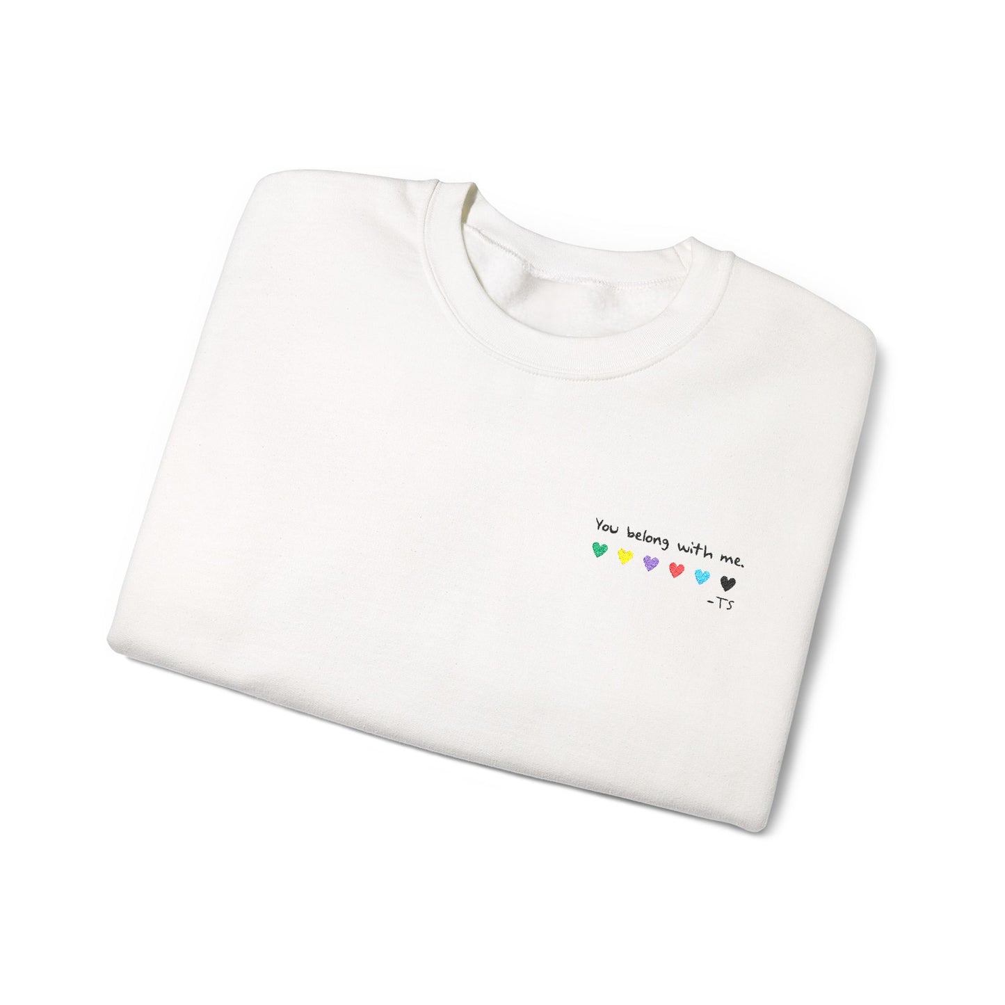 Embroidered You belong with me - (light colors) Colorful Hearts Crewneck Sweatshirt, Cozy Unisex Sweater for All Occasions, Gift for Friends, Valentine's Day, Cute Casualwear