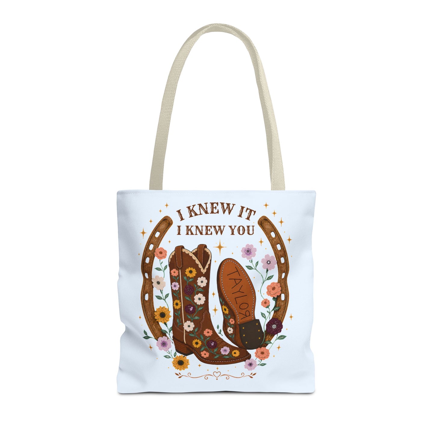 Western Floral Tote Bag — "I Knew It, I Knew You" Cowboy Boots & Horseshoe Design