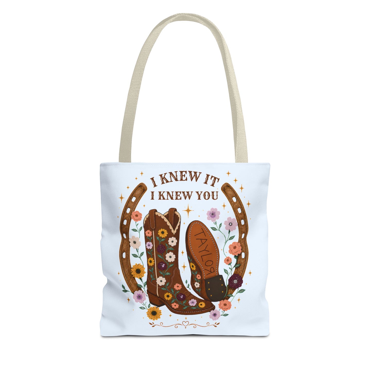 Western Floral Tote Bag — "I Knew It, I Knew You" Cowboy Boots & Horseshoe Design