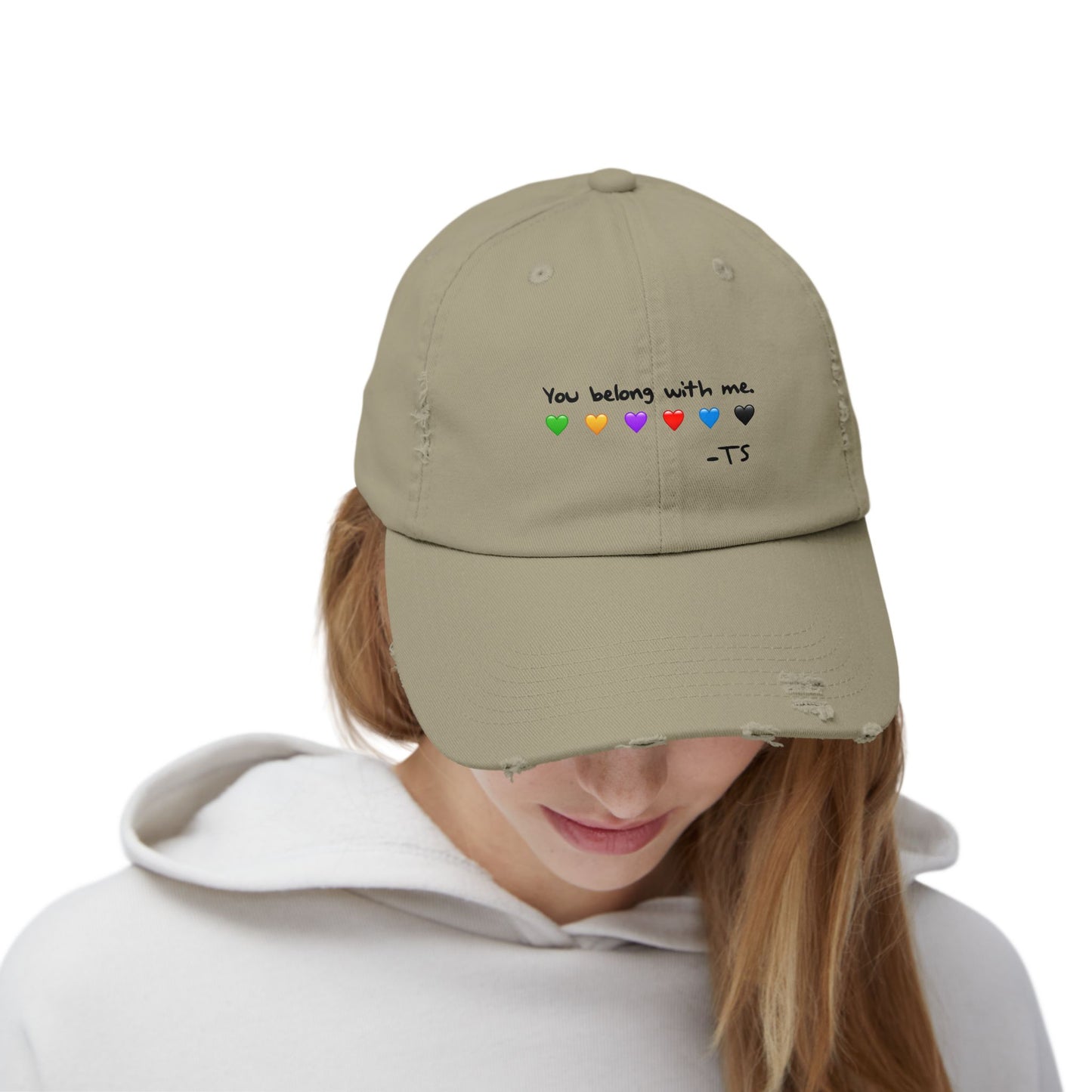You belong with me - Printed Image - Unisex Distressed Cap with Heart Design - Perfect Gift for Music Lovers, Casual Wear, Festivals, Birthdays, Fan Merchandise