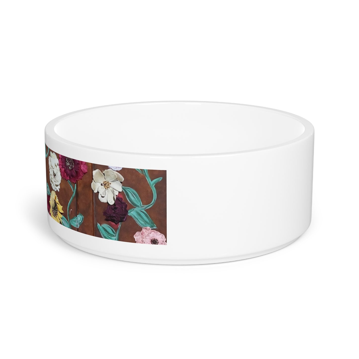 Floral Garden Pet Bowl — Ceramic Dog & Cat Food Dish with Vintage Flower Print