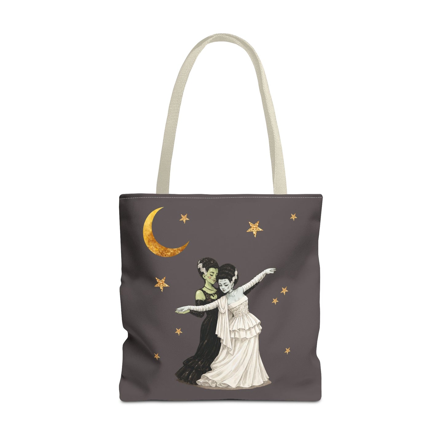 Moonlit Duet Tote Bag — Vintage Lesbian Monster Brides Couple with Gold Moon & Stars