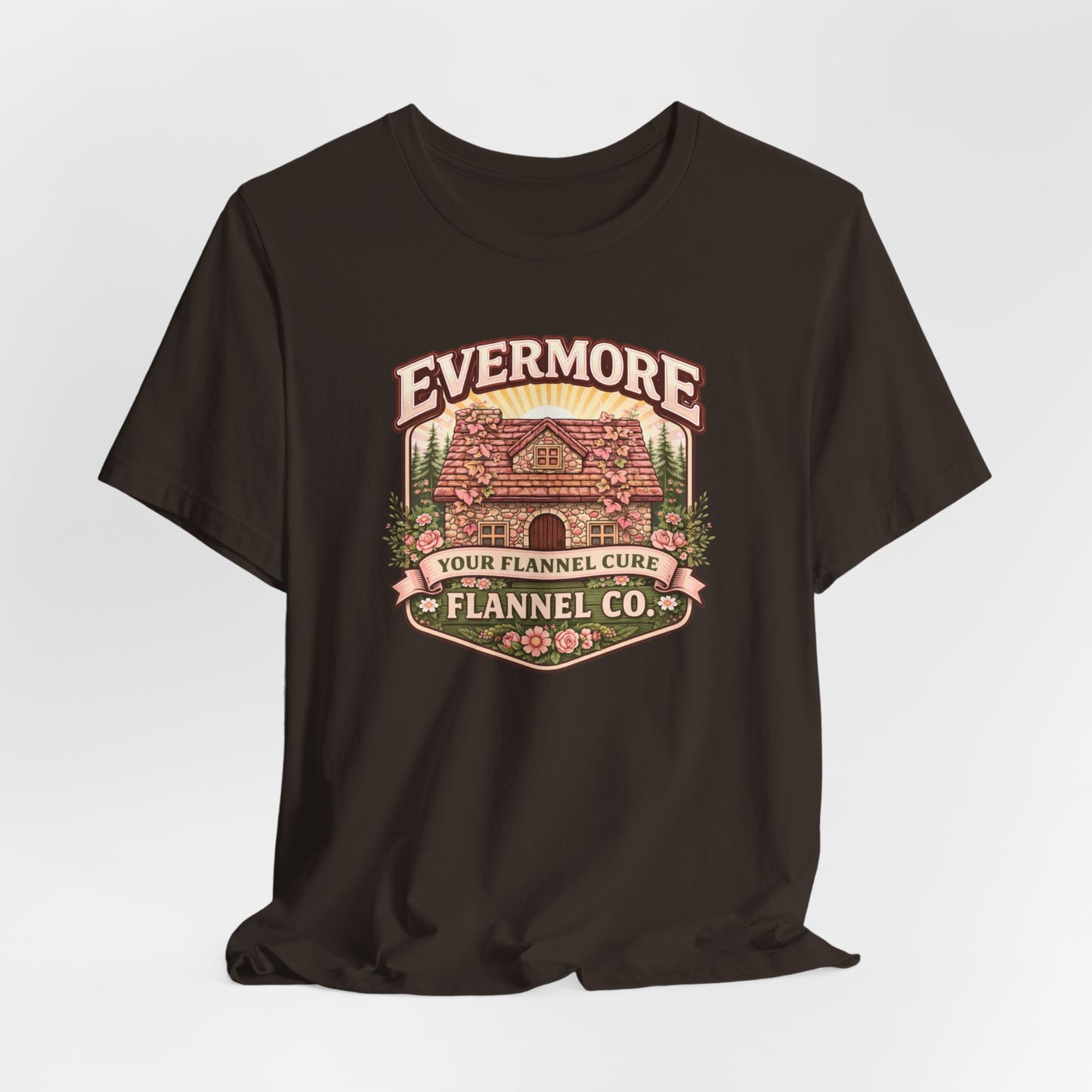 Evermore Flannel Co. Cabin Tee — Vintage Cozy Cabin Graphic T-Shirt