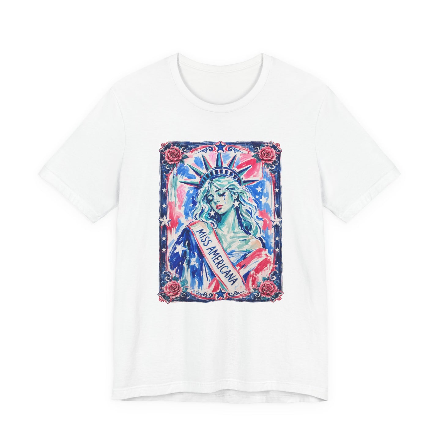 Miss Americana Statue of Liberty Patriotic Art Tee (Back: "I'm just mad as hell because I loved this place")