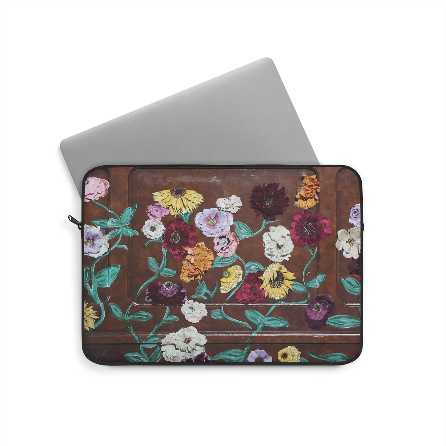 Floral Piano Laptop Sleeve — Garden Flowers on Rustic Brown