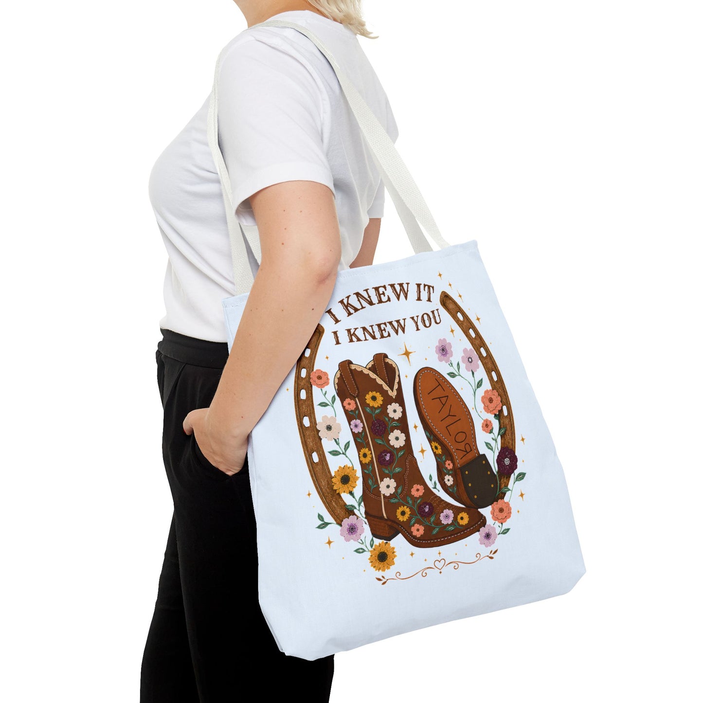 Western Floral Tote Bag — "I Knew It, I Knew You" Cowboy Boots & Horseshoe Design