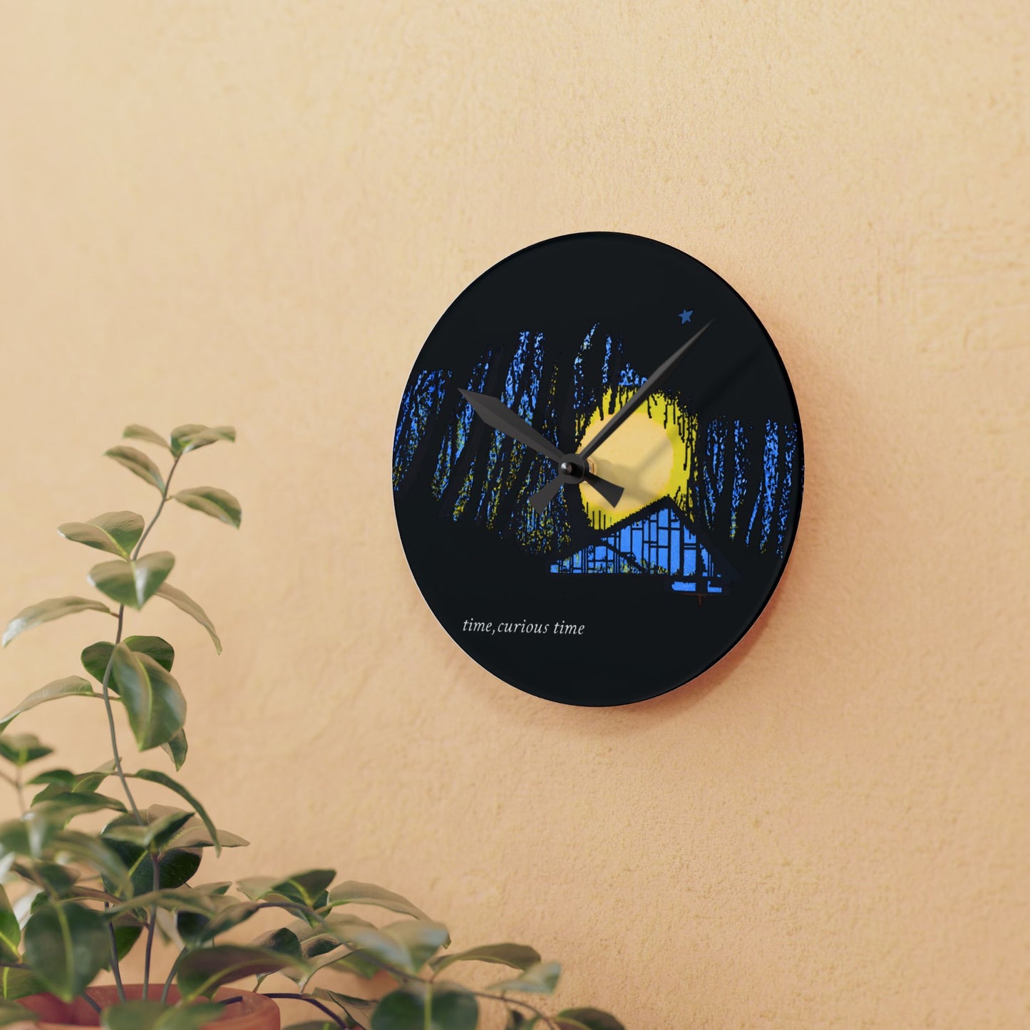 Acrylic Wall Clock — Moonlit Forest Nightscape Clock ("time, curious time")