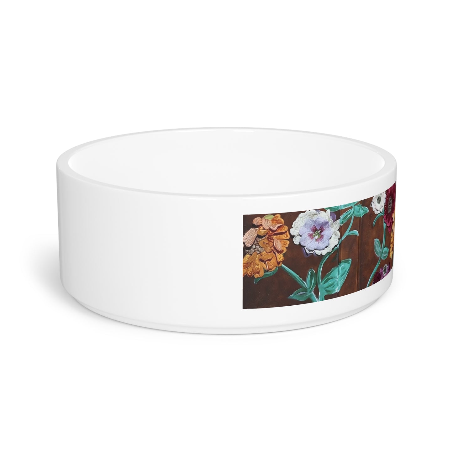 Floral Garden Pet Bowl — Ceramic Dog & Cat Food Dish with Vintage Flower Print