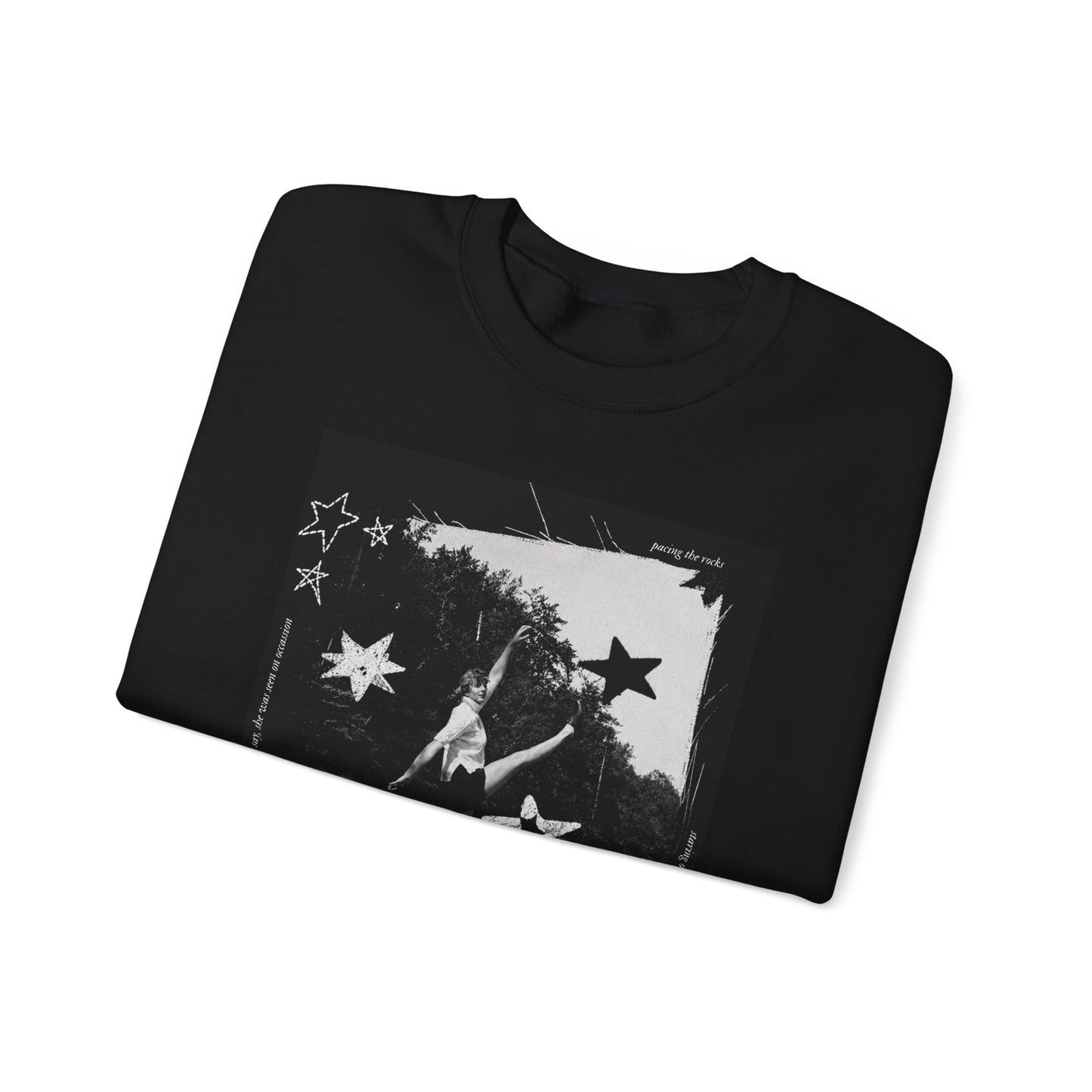 Dancing on the Pier Crewneck Sweatshirt — Black Graphic with Stars