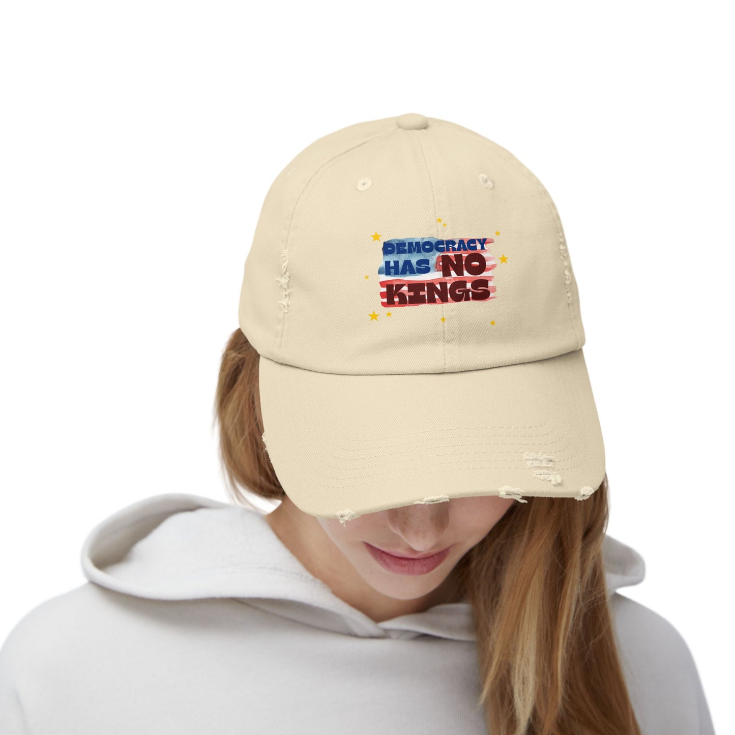 Unisex Distressed Cap with 'Democracy Has No Kings' Design | Casual Hat for Outdoor Events, Gifts for Activists, Trendy Accessories