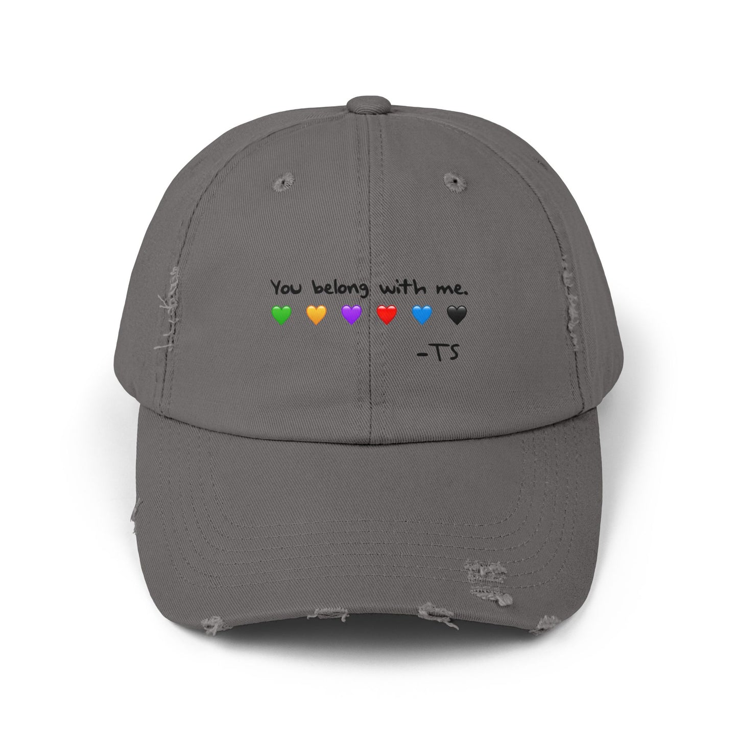 You belong with me - Printed Image - Unisex Distressed Cap with Heart Design - Perfect Gift for Music Lovers, Casual Wear, Festivals, Birthdays, Fan Merchandise