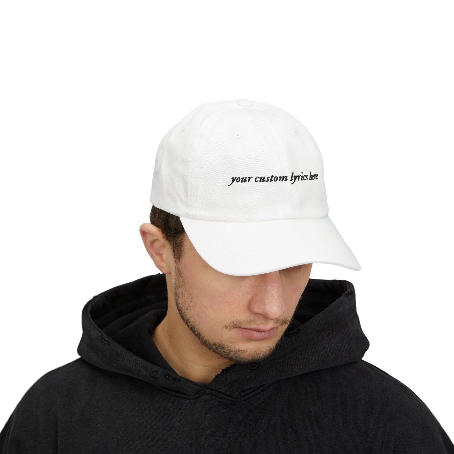 Custom Embroidered Lyrics Dad Cap — light color hat, dark text