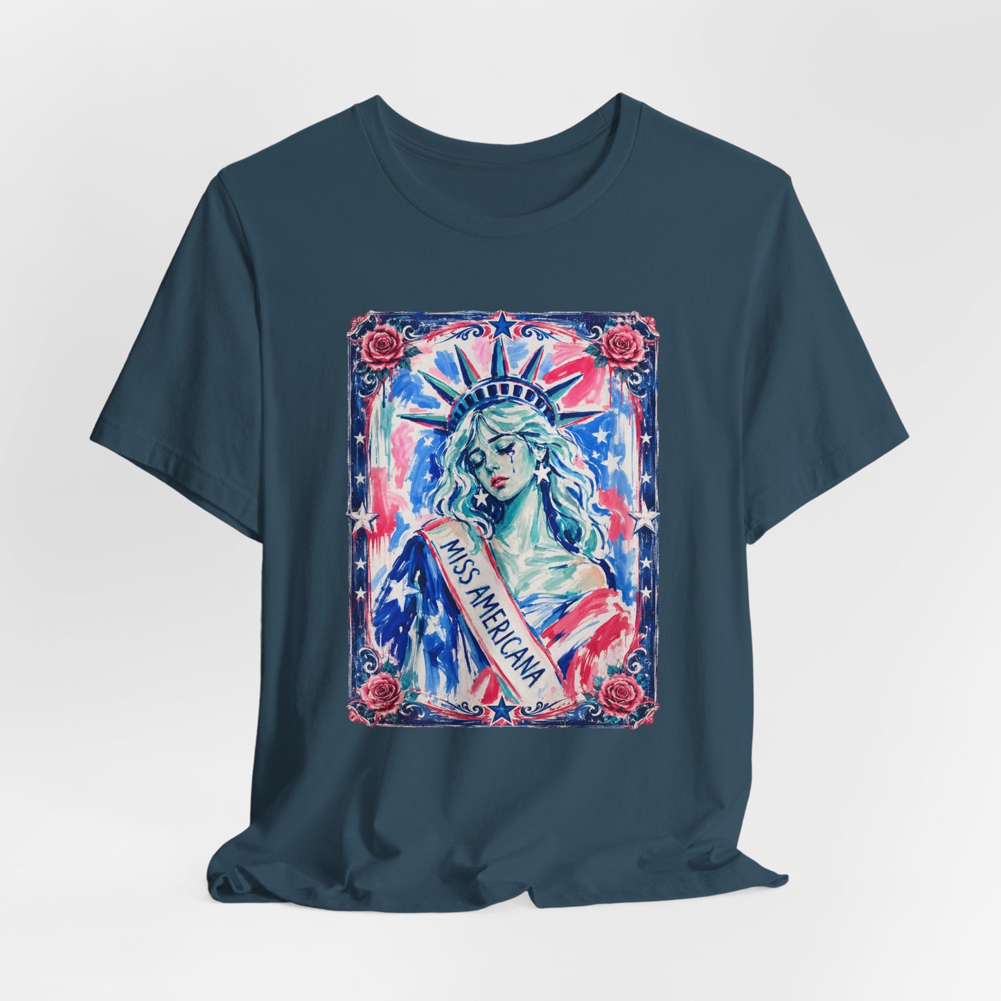 Miss Americana Statue of Liberty Patriotic Art Tee (Back: "I'm just mad as hell because I loved this place")