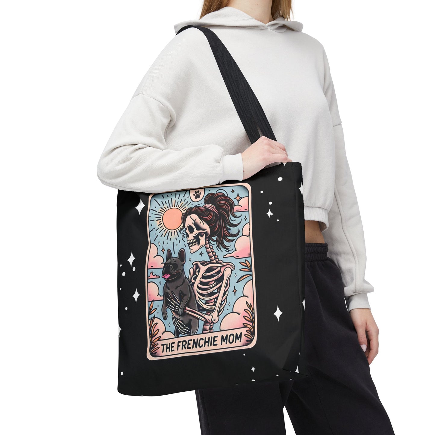 Frenchie Mom Tarot Tote Bag, Stylish Pet Lover Accessory, Ideal for Dog Moms, Halloween Gift, Trendy Grocery Bag, Eco-Friendly Bags