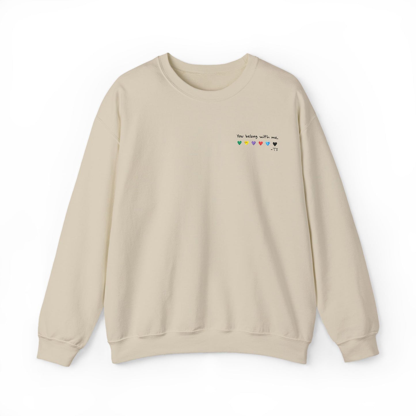 Embroidered You belong with me - (light colors) Colorful Hearts Crewneck Sweatshirt, Cozy Unisex Sweater for All Occasions, Gift for Friends, Valentine's Day, Cute Casualwear