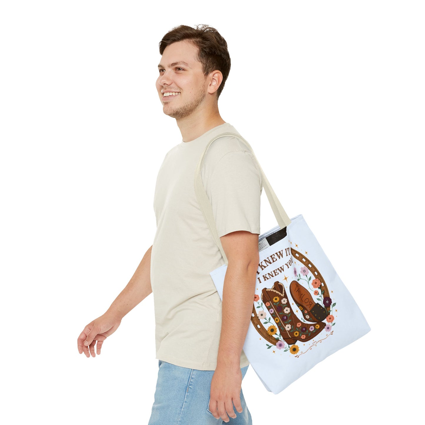 Western Floral Tote Bag — "I Knew It, I Knew You" Cowboy Boots & Horseshoe Design