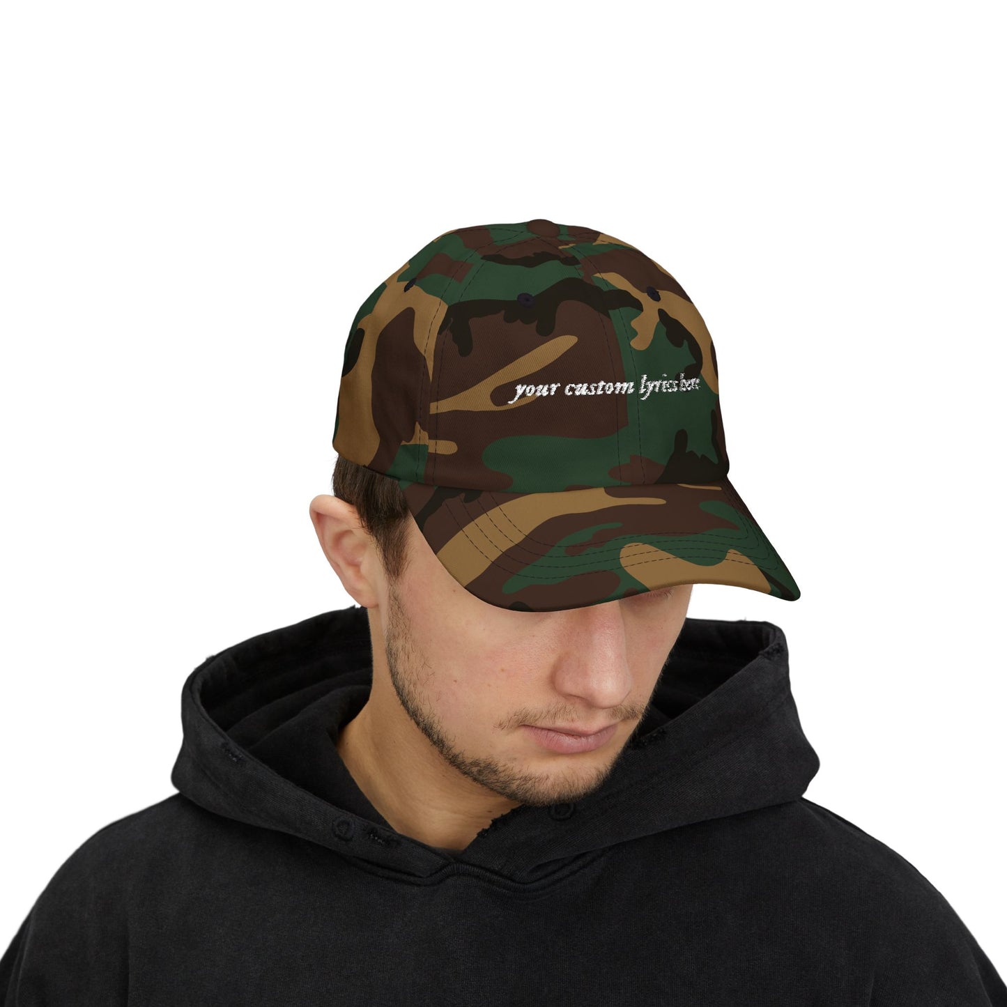 Custom Embroidered Lyrics Dad Cap - Dark hat, light color text