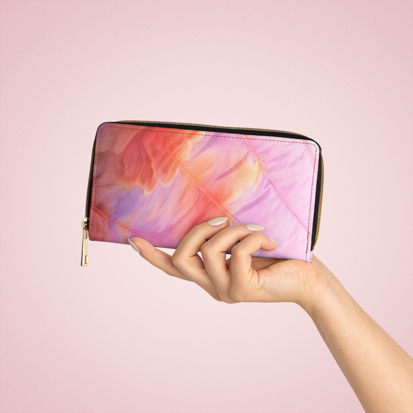 Miss Americana Zipper Wallet — Pink Watercolor Travel Wallet, Long Zip Card & Cash Organizer