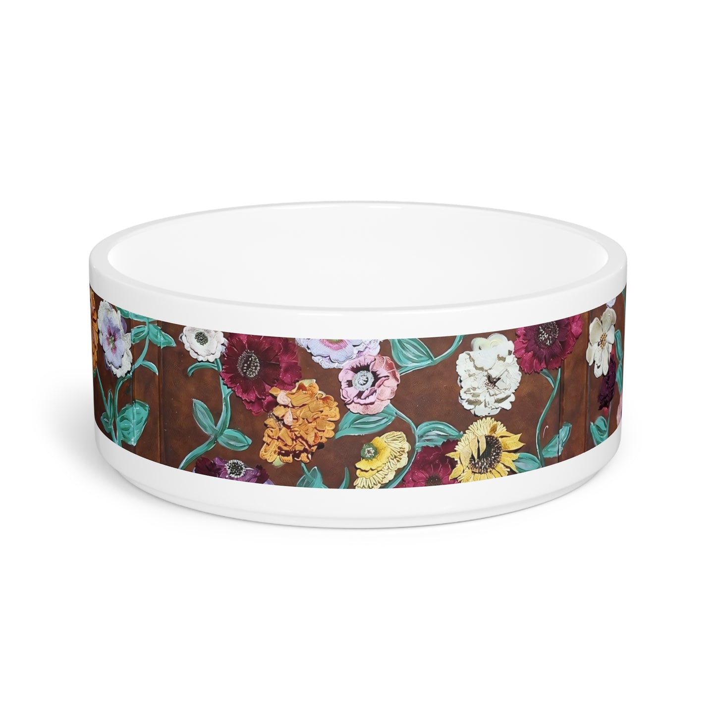 Floral Garden Pet Bowl — Ceramic Dog & Cat Food Dish with Vintage Flower Print