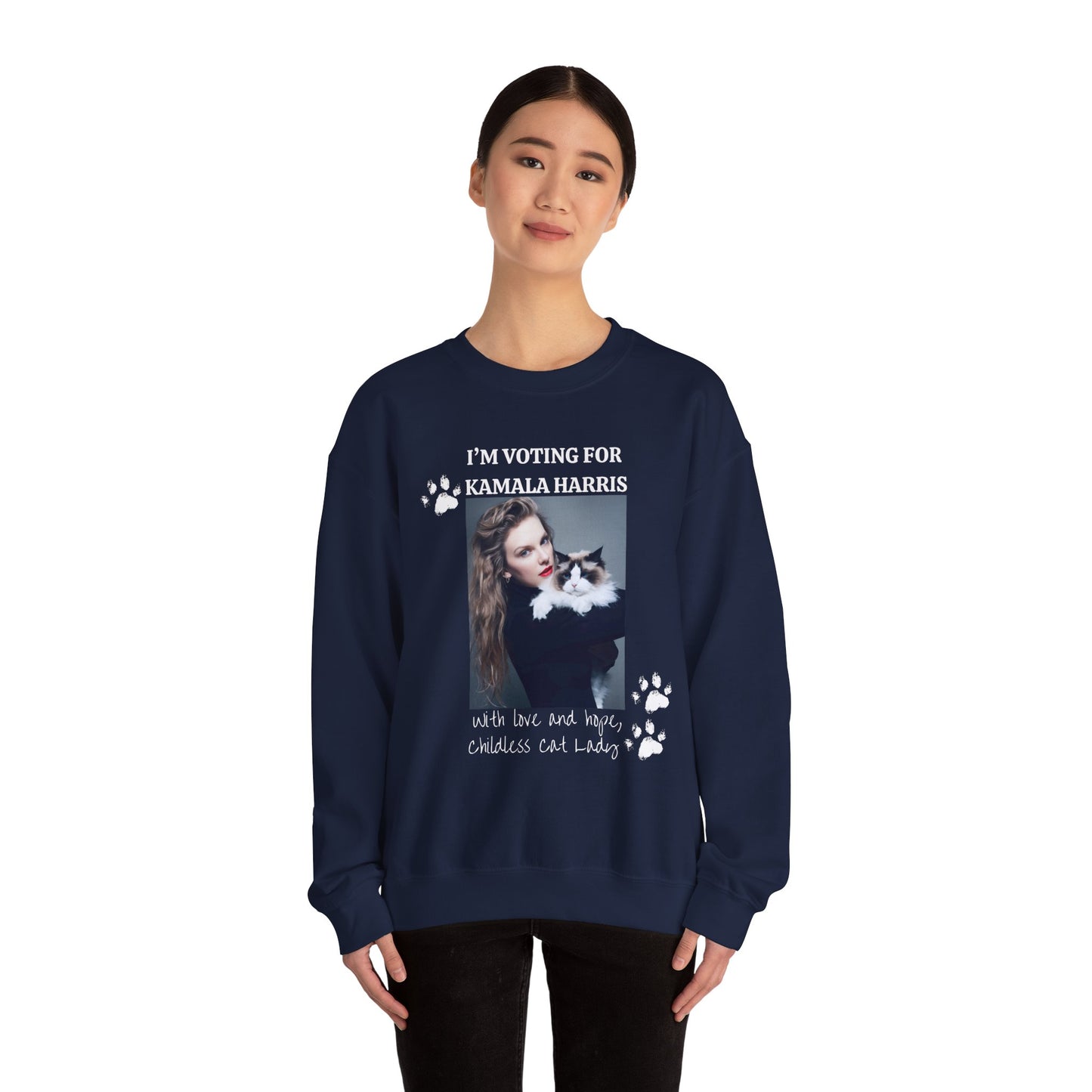 I'm voting for Kamala Harris - with love and hope, childless cat lady - Swifties for Harris - Unisex Heavy Blend™ Crewneck Sweatshirt