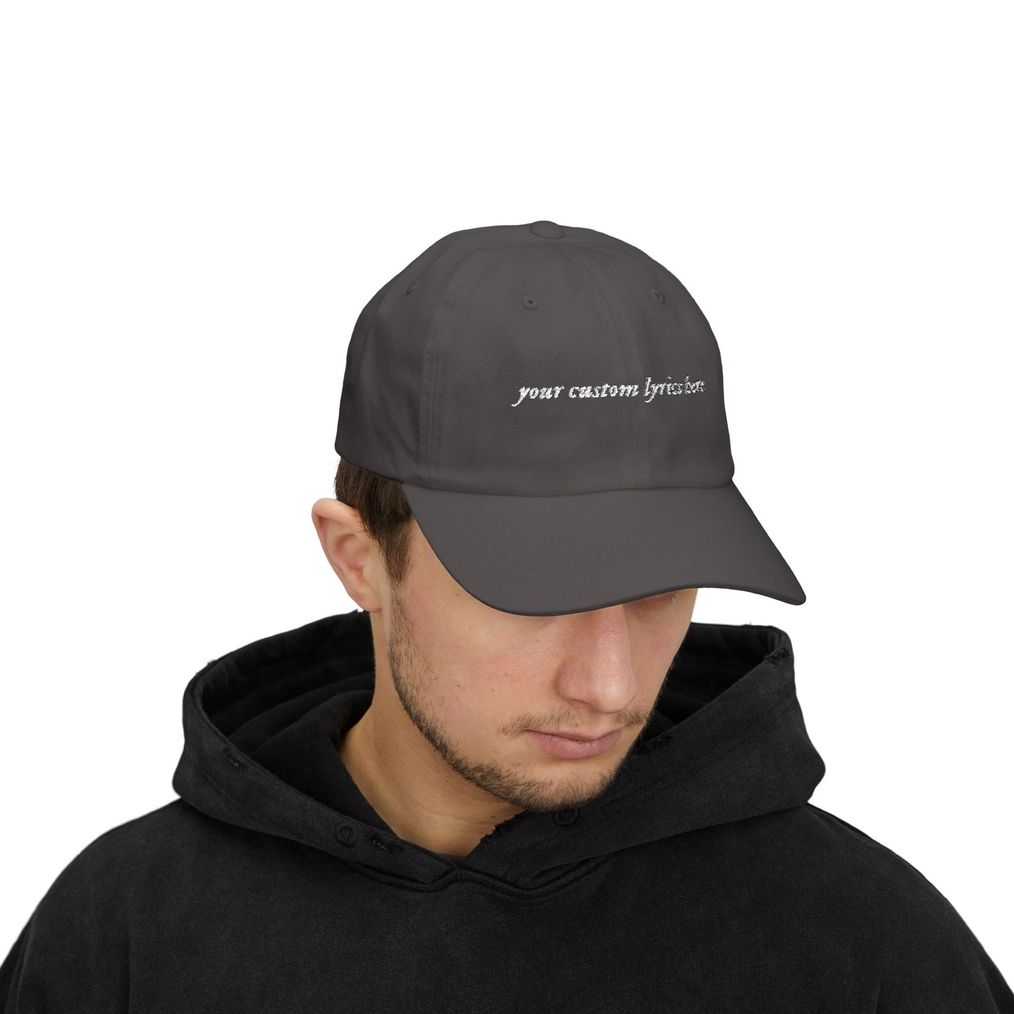 Custom Embroidered Lyrics Dad Cap - Dark hat, light color text