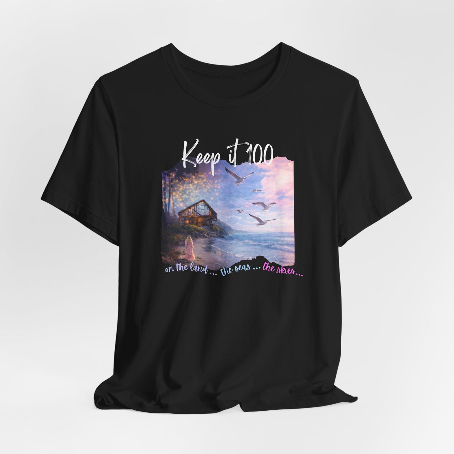 Keep It 100 Whimsical Scene T-Shirt — Coastal Sunset Cabin Graphic Tee