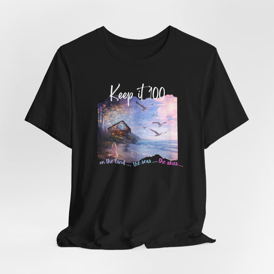 Keep It 100 Whimsical Scene T-Shirt — Coastal Sunset Cabin Graphic Tee