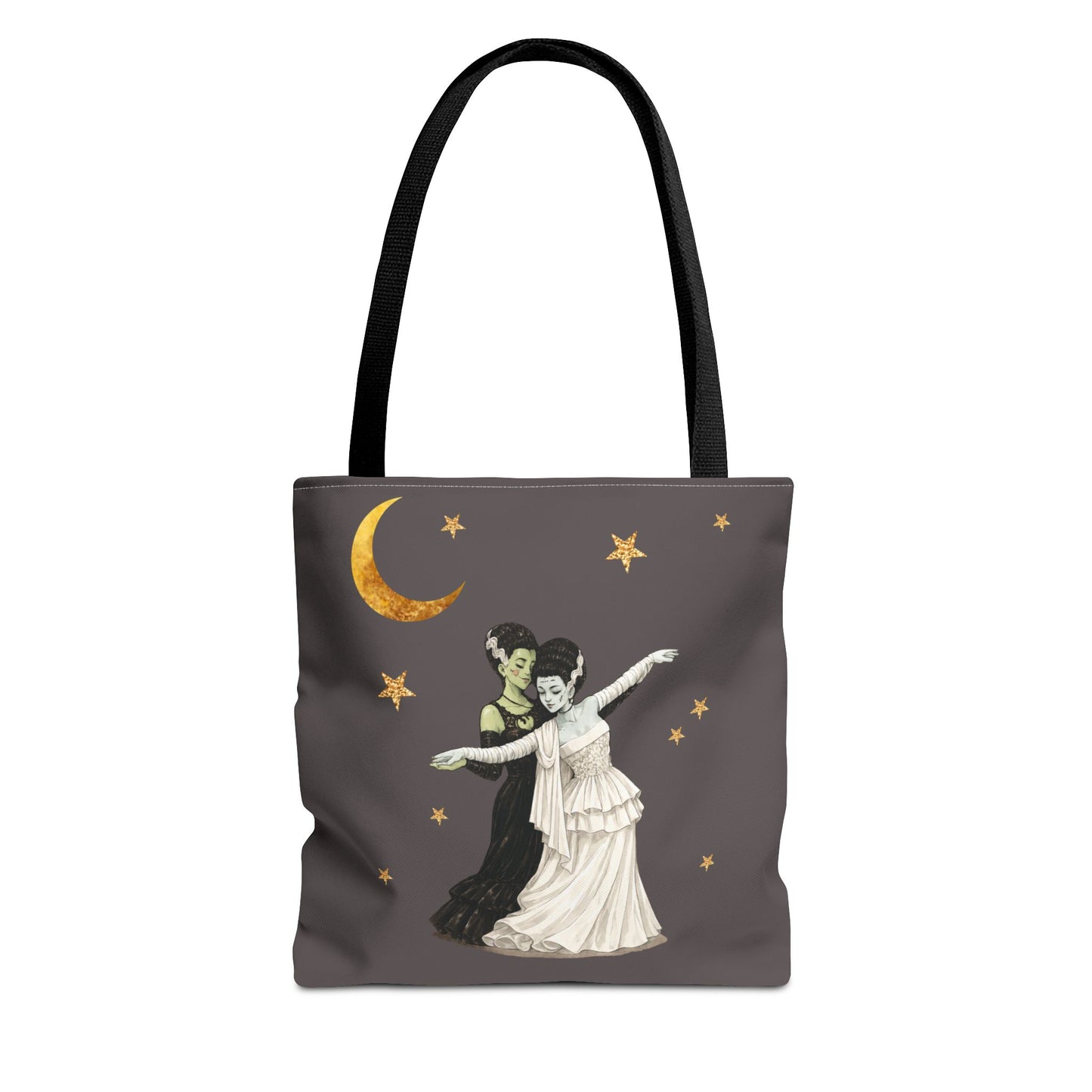 Moonlit Duet Tote Bag — Vintage Lesbian Monster Brides Couple with Gold Moon & Stars