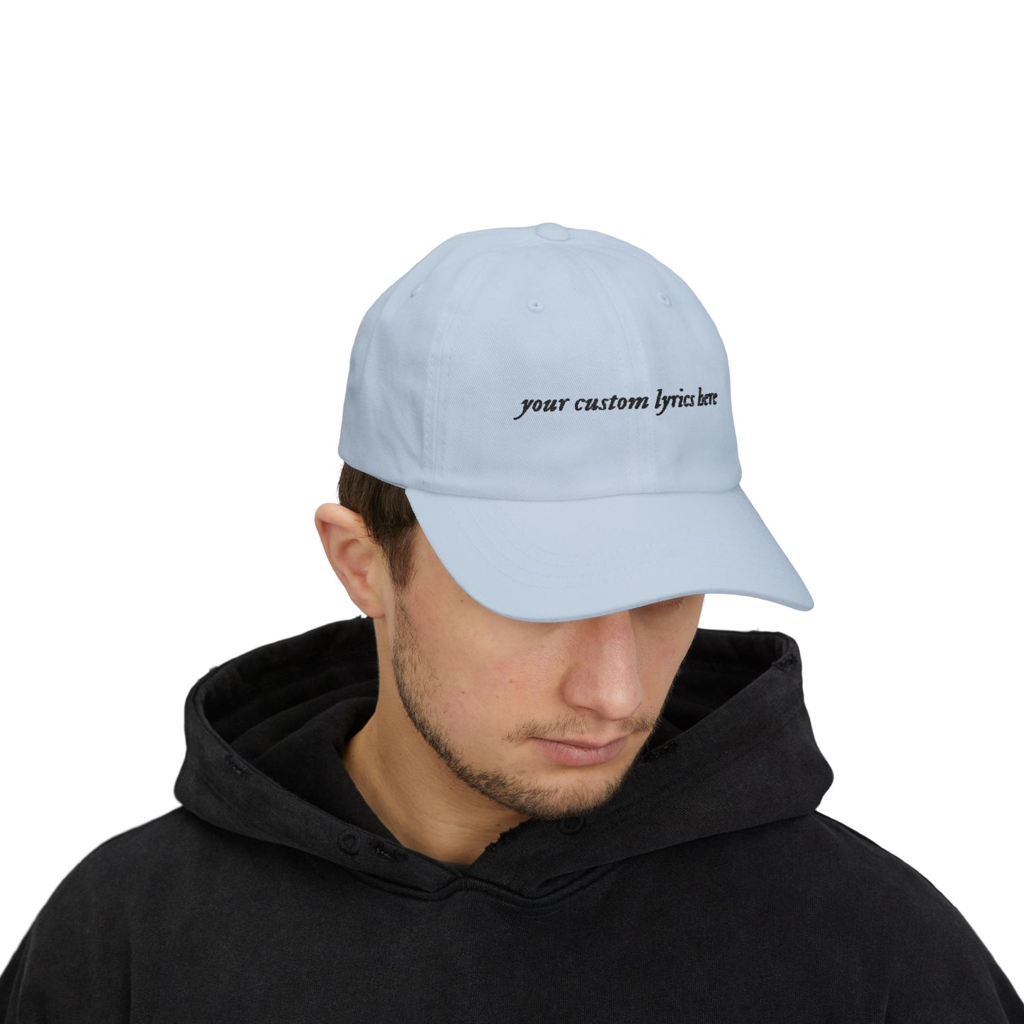Custom Embroidered Lyrics Dad Cap — light color hat, dark text