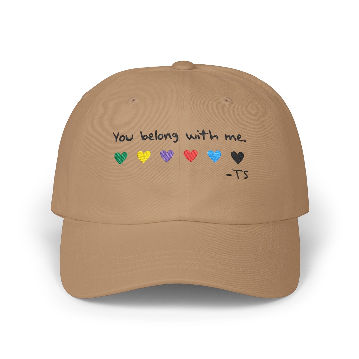 Embroidered Classic Dad Cap with 'You Belong With Me' Design (black text), Casual Cap for Music Lovers, Gift for Friends, Everyday Wear, Trendy Hat, Unisex Headwear