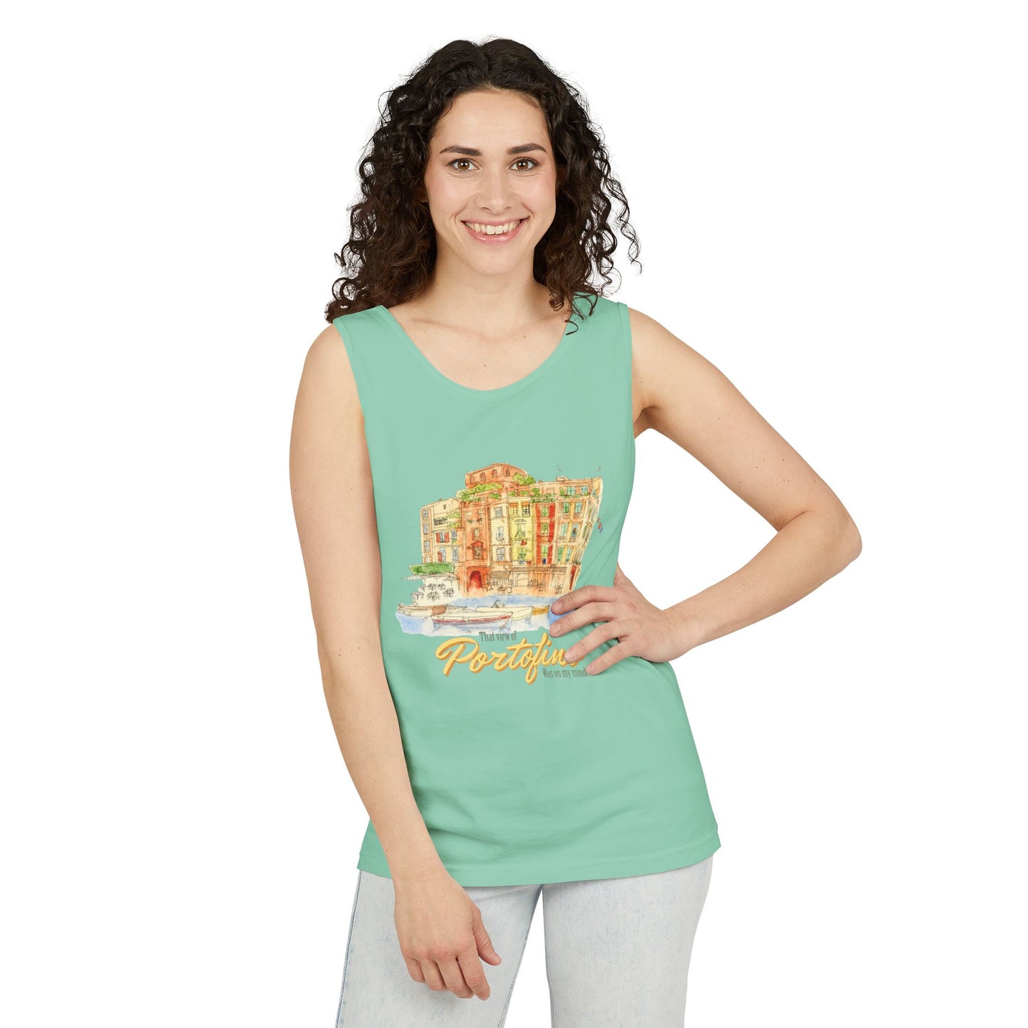 Portofino Watercolor Comfort Colors Unisex Tank Top — Italian Coastal Tee