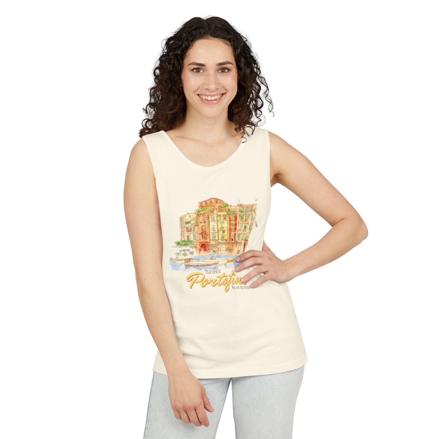 Portofino Watercolor Comfort Colors Unisex Tank Top — Italian Coastal Tee