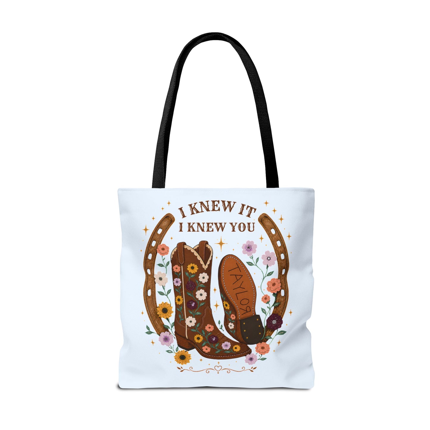 Western Floral Tote Bag — "I Knew It, I Knew You" Cowboy Boots & Horseshoe Design