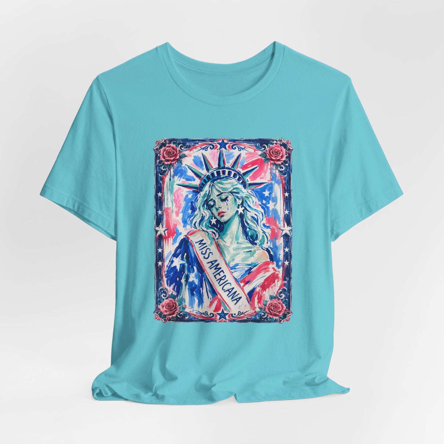 Miss Americana Statue of Liberty Patriotic Art Tee (Back: "I'm just mad as hell because I loved this place")