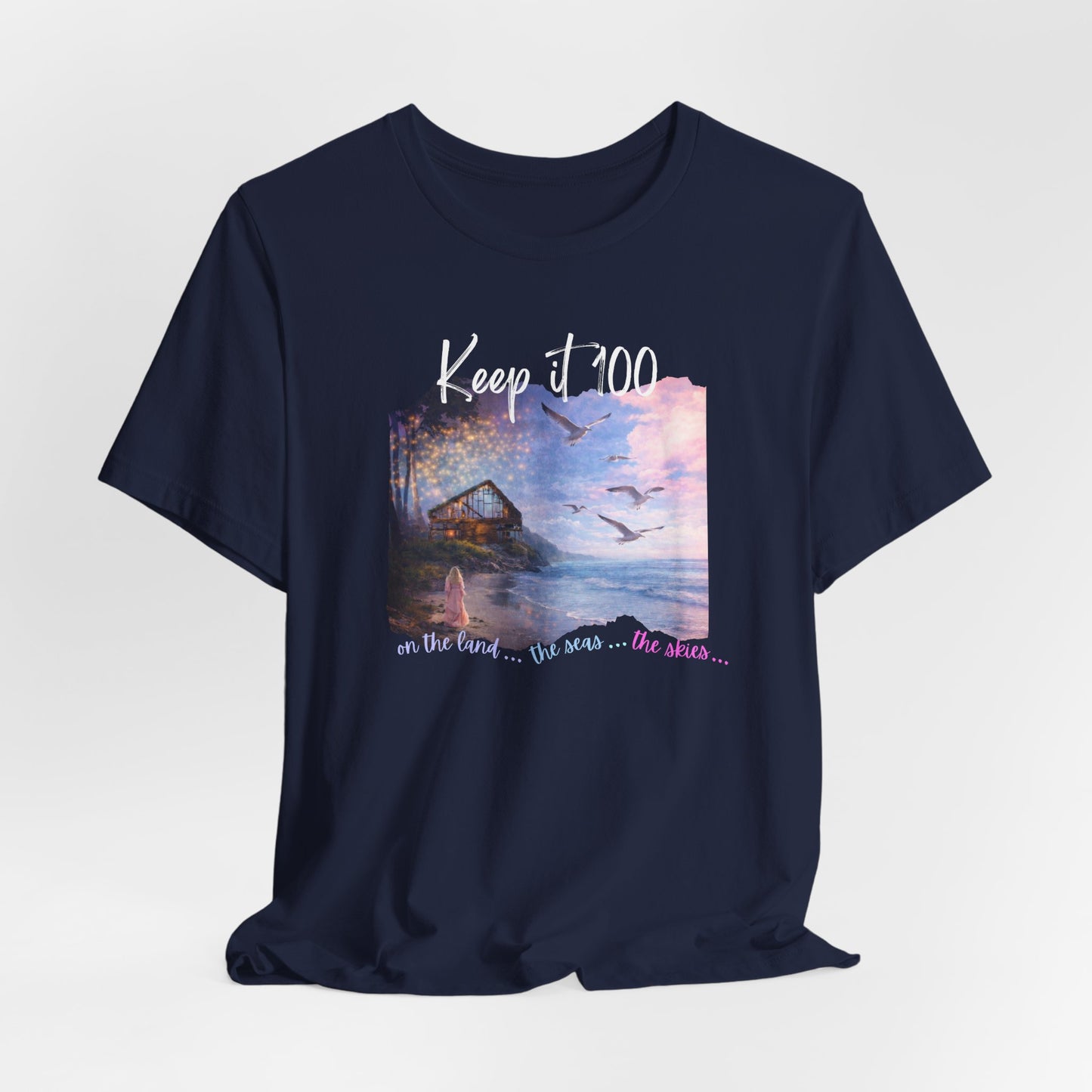 Keep It 100 Whimsical Scene T-Shirt — Coastal Sunset Cabin Graphic Tee