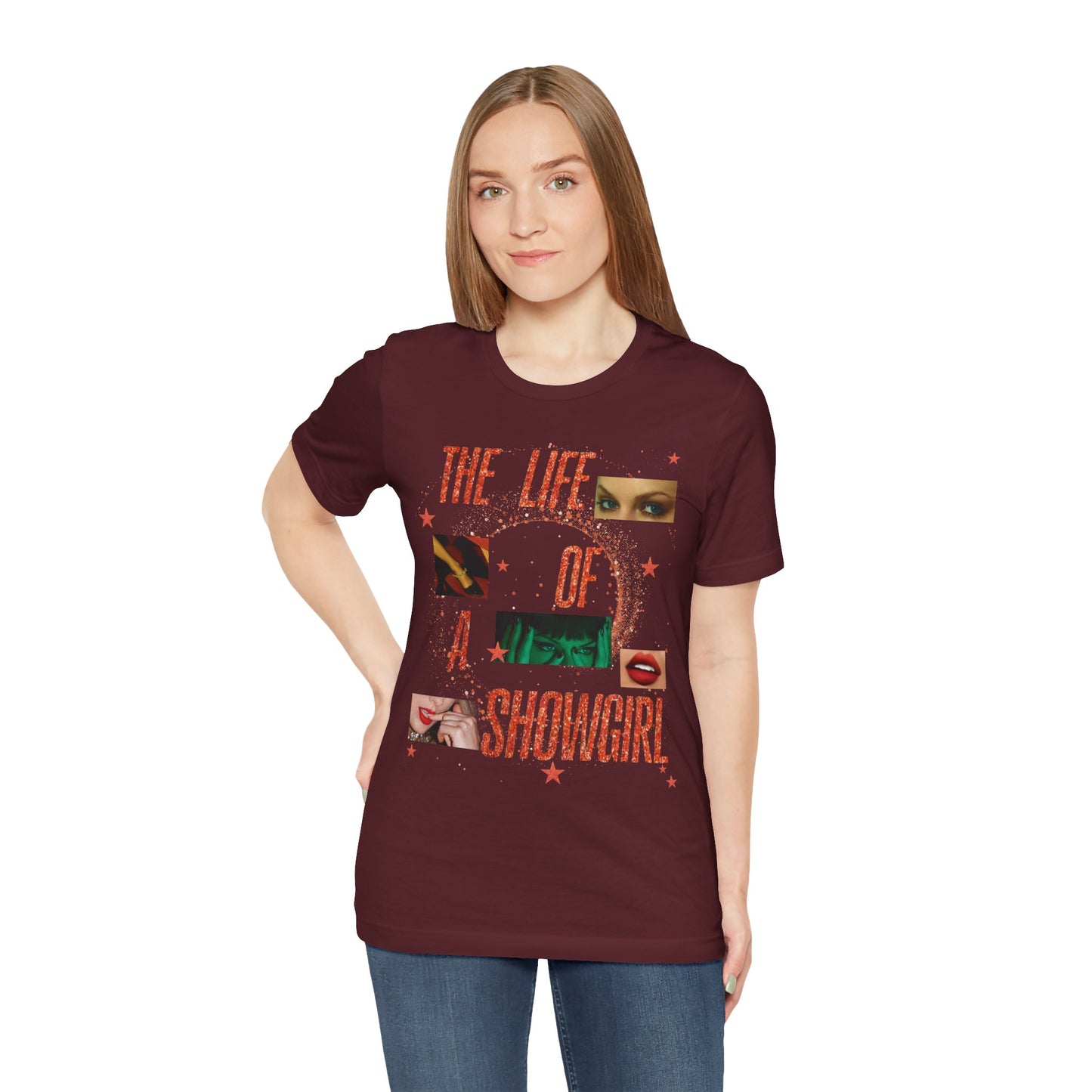 Showgirl Life Collage Graphic Tee, Unisex Jersey T-Shirt, Retro Style Top, Casual Wear, Gift for Performers, Fashion Statement Shirt