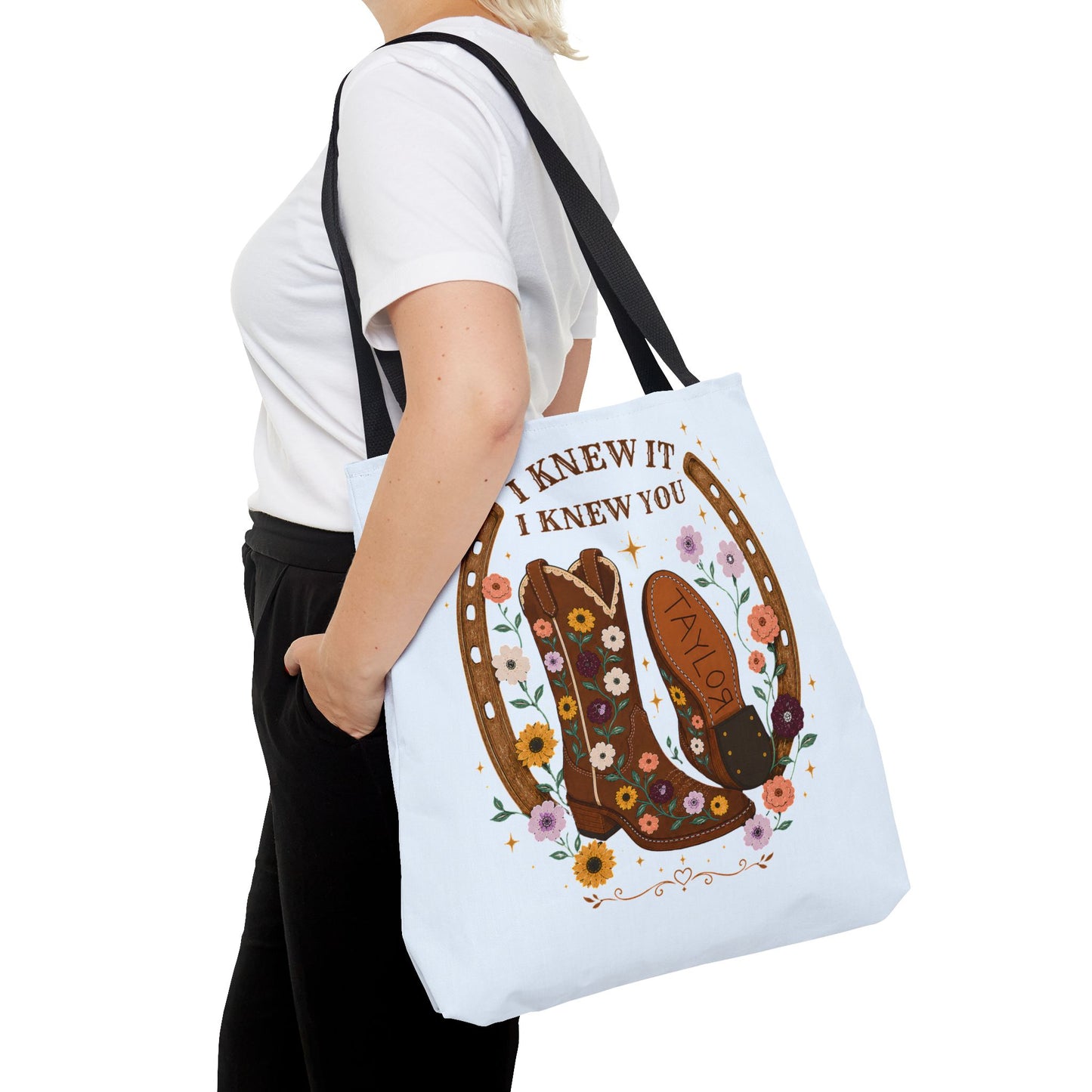 Western Floral Tote Bag — "I Knew It, I Knew You" Cowboy Boots & Horseshoe Design
