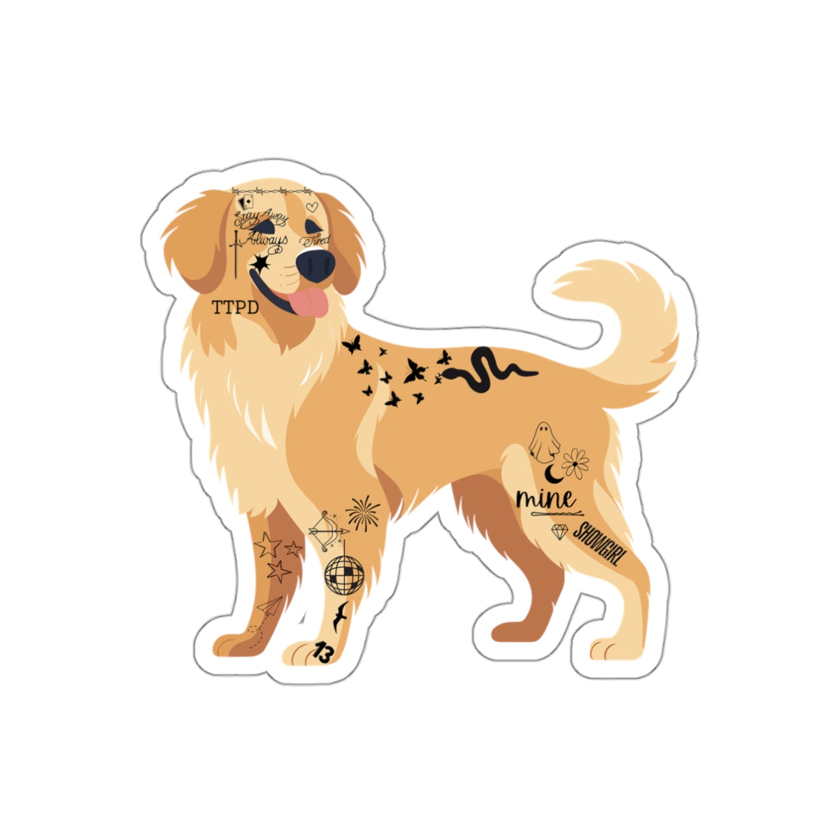 Tattooed Golden Retriever Waterproof Sticker — Cute Dog Swiftie Sticker