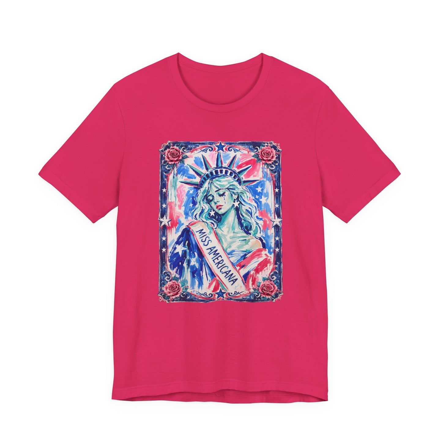 Miss Americana Statue of Liberty Patriotic Art Tee (Back: "I'm just mad as hell because I loved this place")