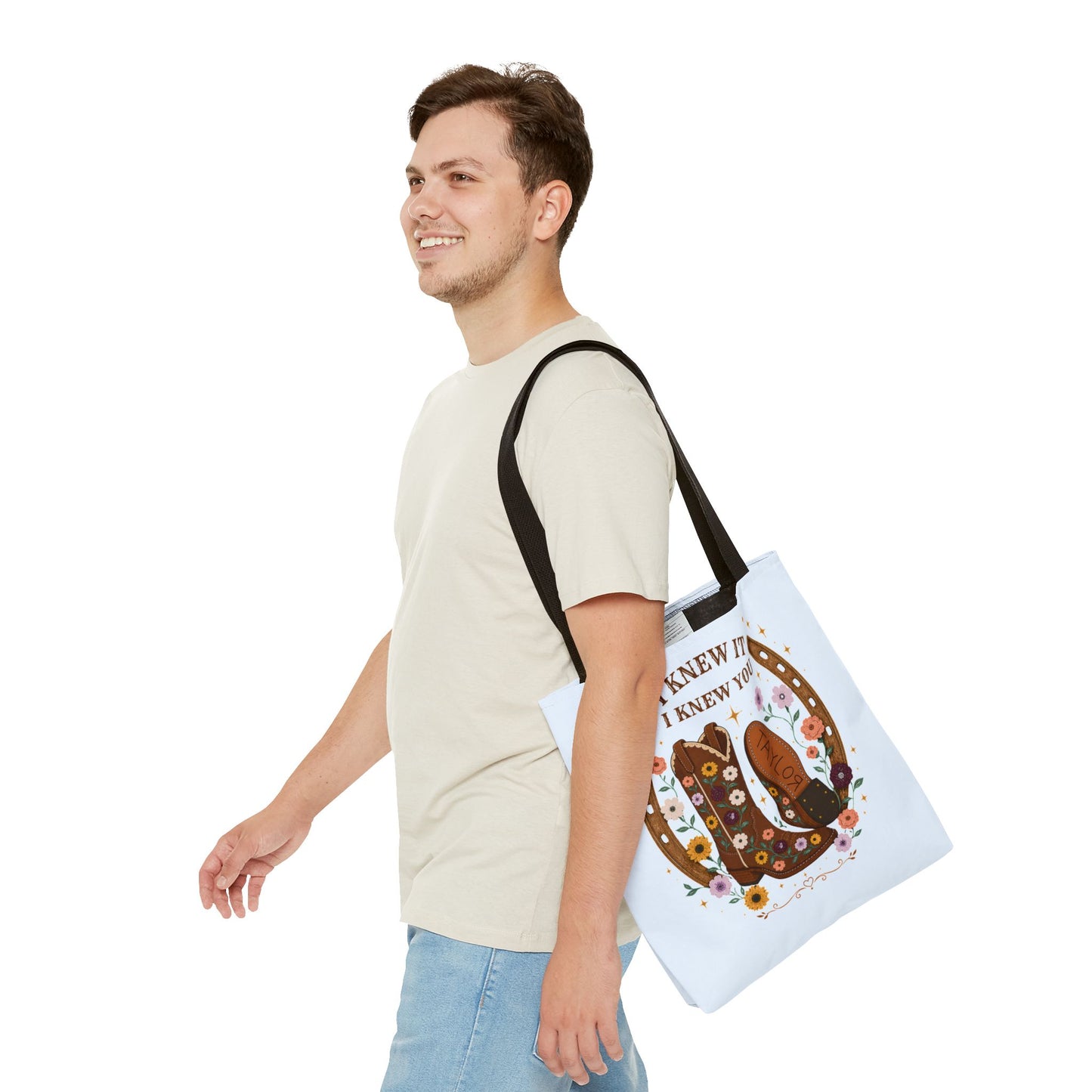 Western Floral Tote Bag — "I Knew It, I Knew You" Cowboy Boots & Horseshoe Design