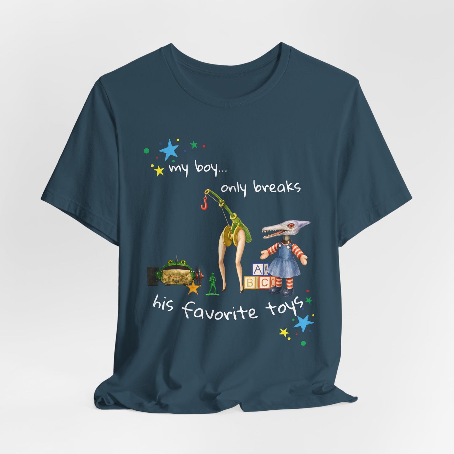 Novelty T‑Shirt — “My Boy Only Breaks His Favorite Toys” Funny Retro Broken Toys Tee