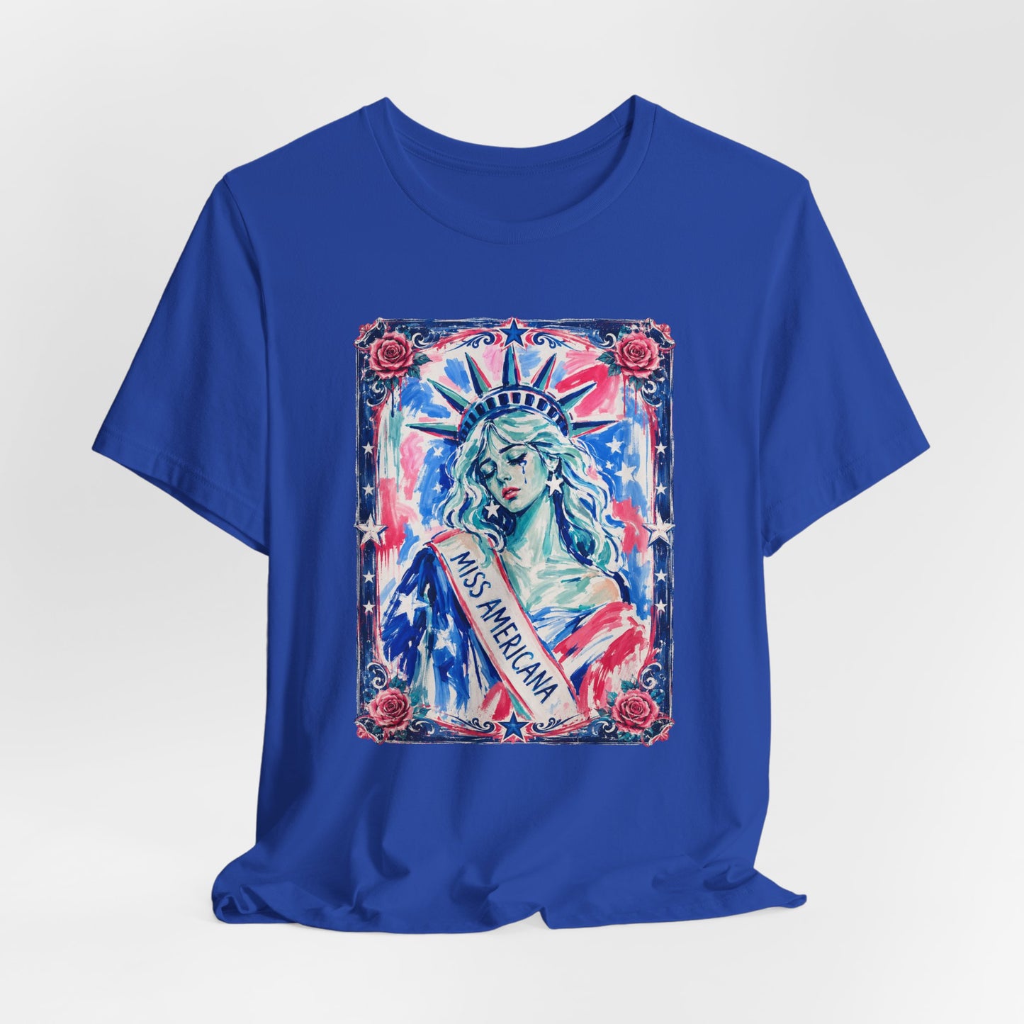 Miss Americana Statue of Liberty Patriotic Art Tee (Back: "I'm just mad as hell because I loved this place")