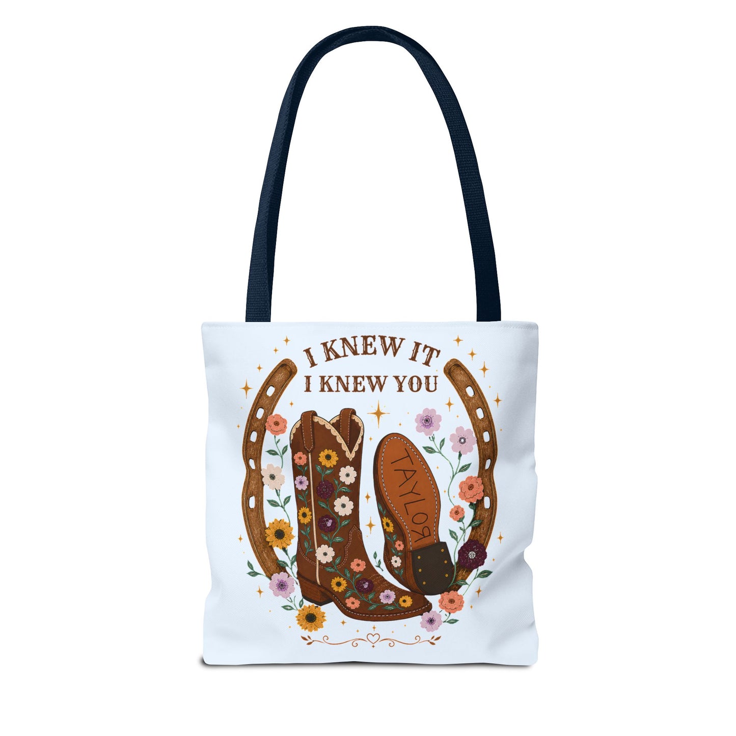 Western Floral Tote Bag — "I Knew It, I Knew You" Cowboy Boots & Horseshoe Design