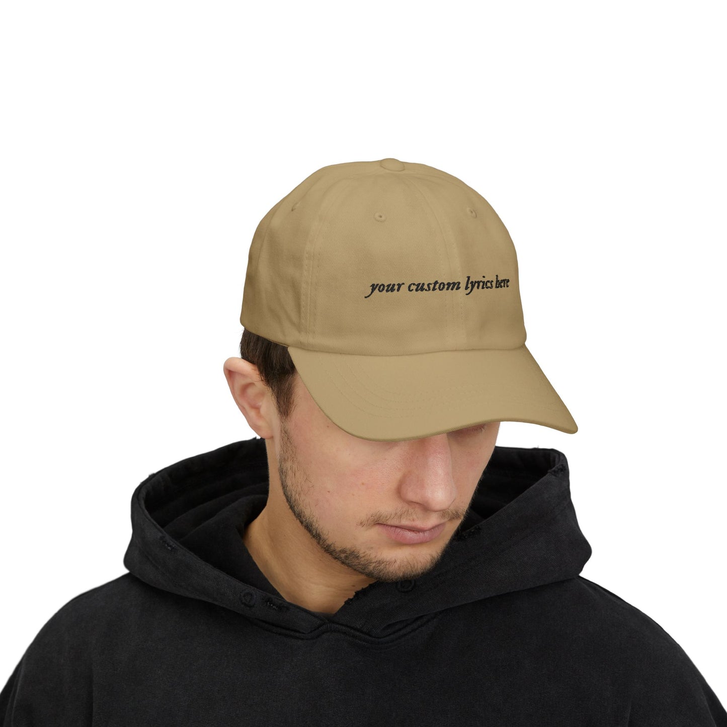 Custom Embroidered Lyrics Dad Cap — light color hat, dark text