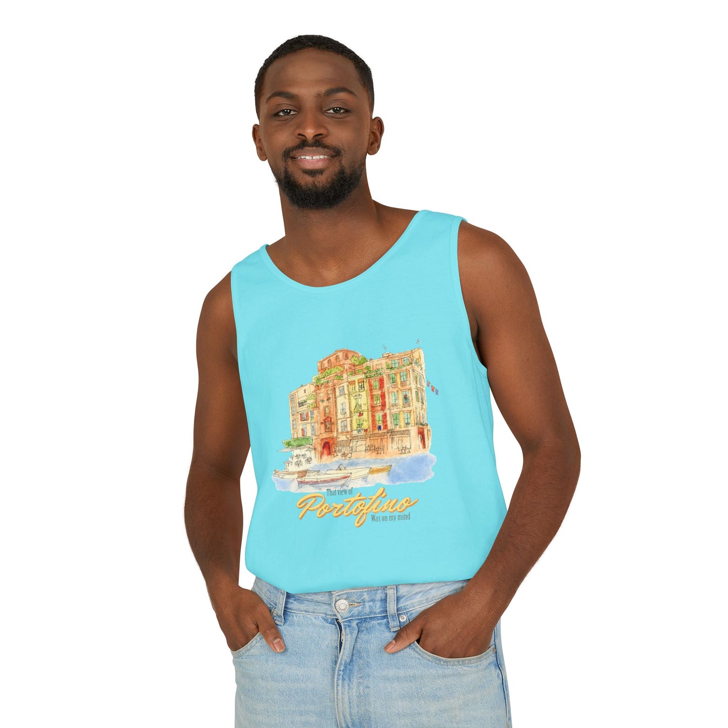 Portofino Watercolor Comfort Colors Unisex Tank Top — Italian Coastal Tee