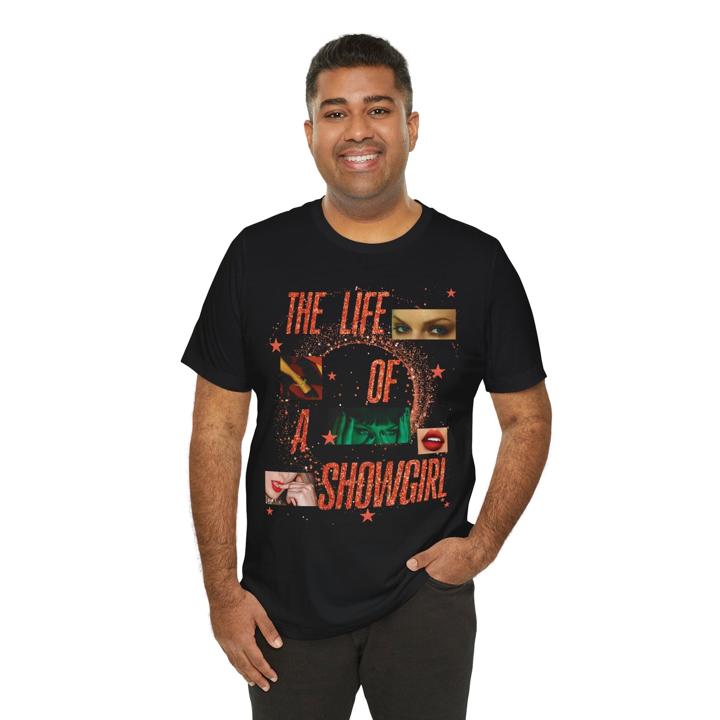 Showgirl Life Collage Graphic Tee, Unisex Jersey T-Shirt, Retro Style Top, Casual Wear, Gift for Performers, Fashion Statement Shirt