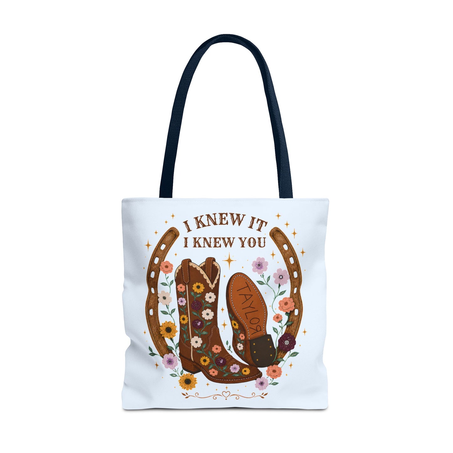 Western Floral Tote Bag — "I Knew It, I Knew You" Cowboy Boots & Horseshoe Design