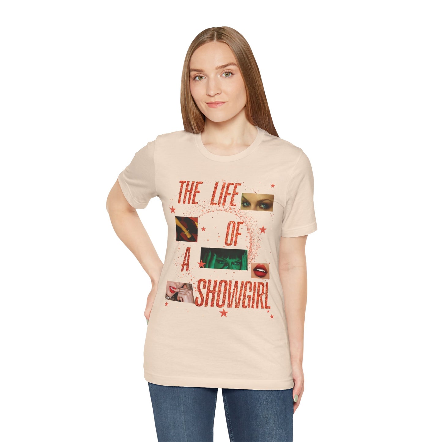 Showgirl Life Collage Graphic Tee, Unisex Jersey T-Shirt, Retro Style Top, Casual Wear, Gift for Performers, Fashion Statement Shirt