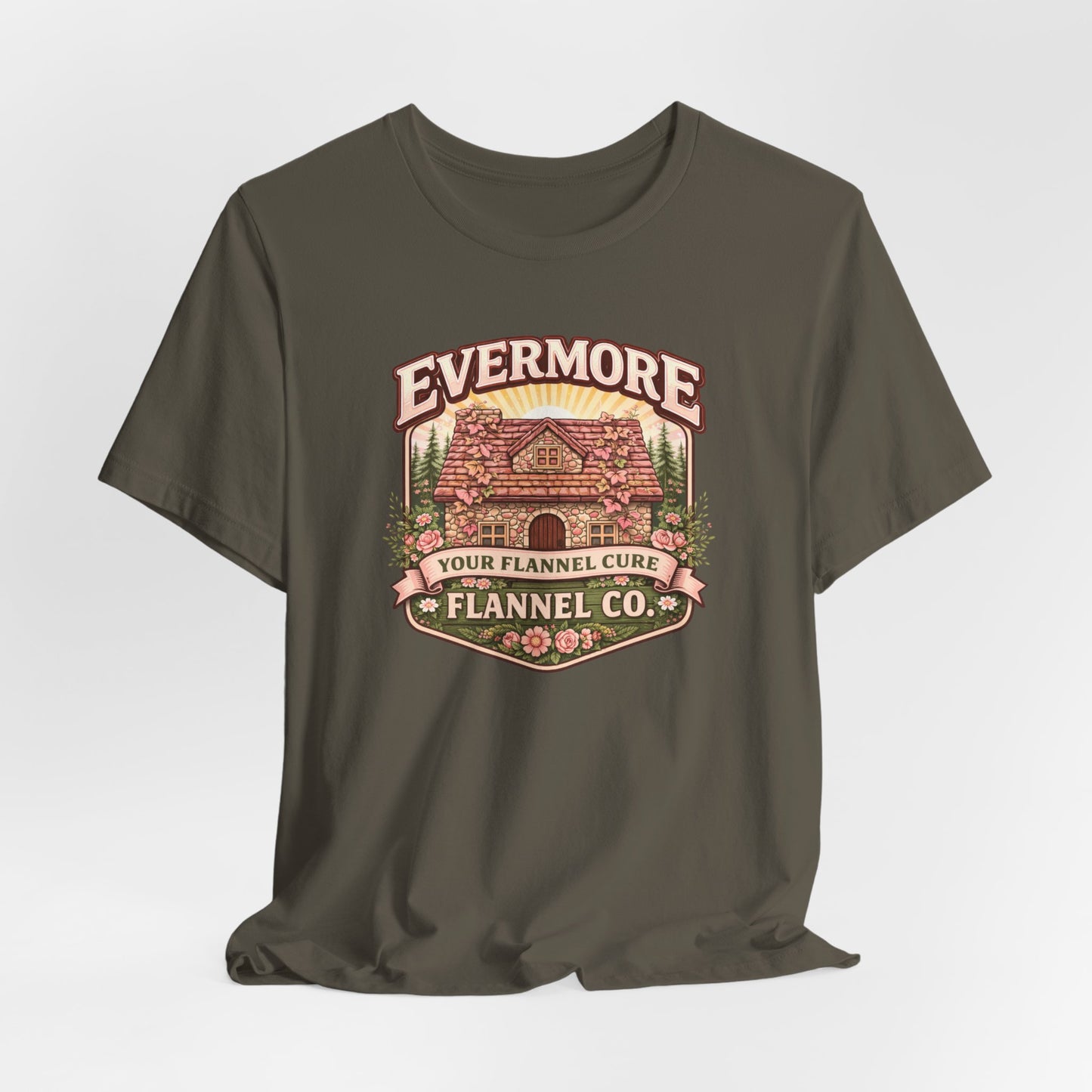 Evermore Flannel Co. Cabin Tee — Vintage Cozy Cabin Graphic T-Shirt