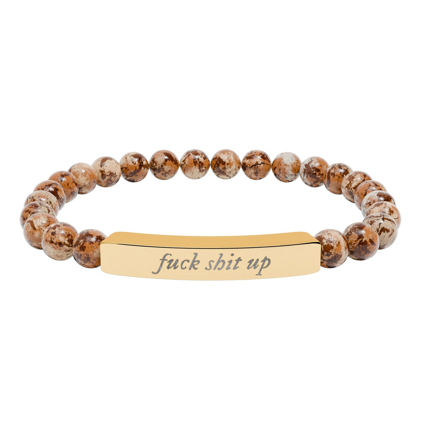 Engraved Natural Stone Stretch Bracelet — 'Fuck Shit Up' Bar Bead Bracelet